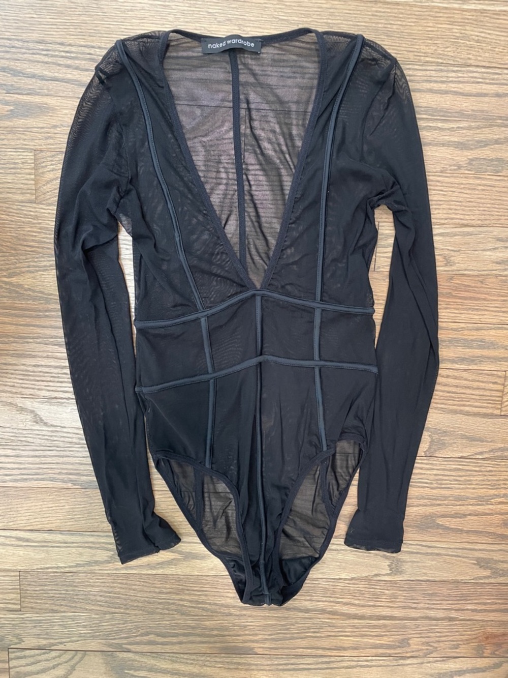 naked wardrobe Black Sheer Long-Sleeve Mesh Bodysuit with Deep V S/M